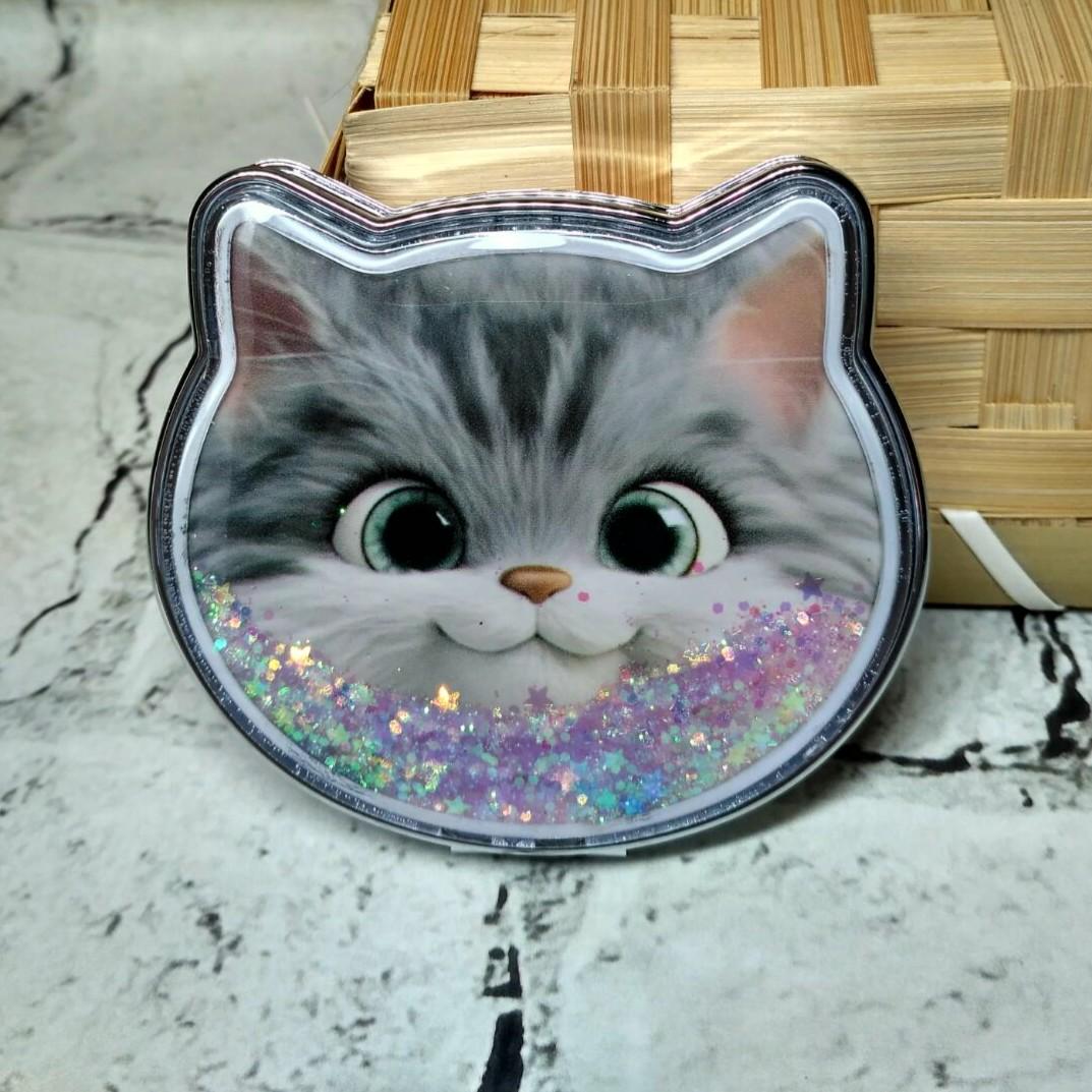 Зеркало карманное косметическое Котик жидкие блестки 7,5х7 см Серый (А986)