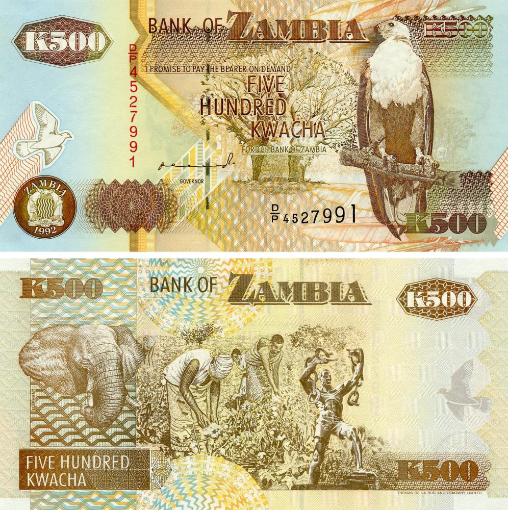 Коллекционная банкнота Замбия 500 квача 1992 UNC P39a (Б18312)