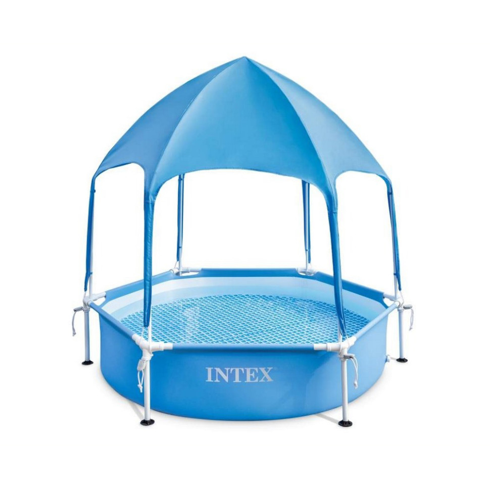 Бассейн круглый каркасный детский с навесом крышей Intex METAL FRAME POOL 700 л 183x38 см с тентом для детей от 1 года. Синий (28209)