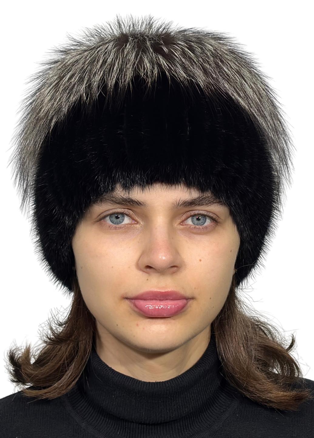 Зимняя шапка Меховой стиль Звездочка из вязаной норки натуральный мех Черный (100/F)