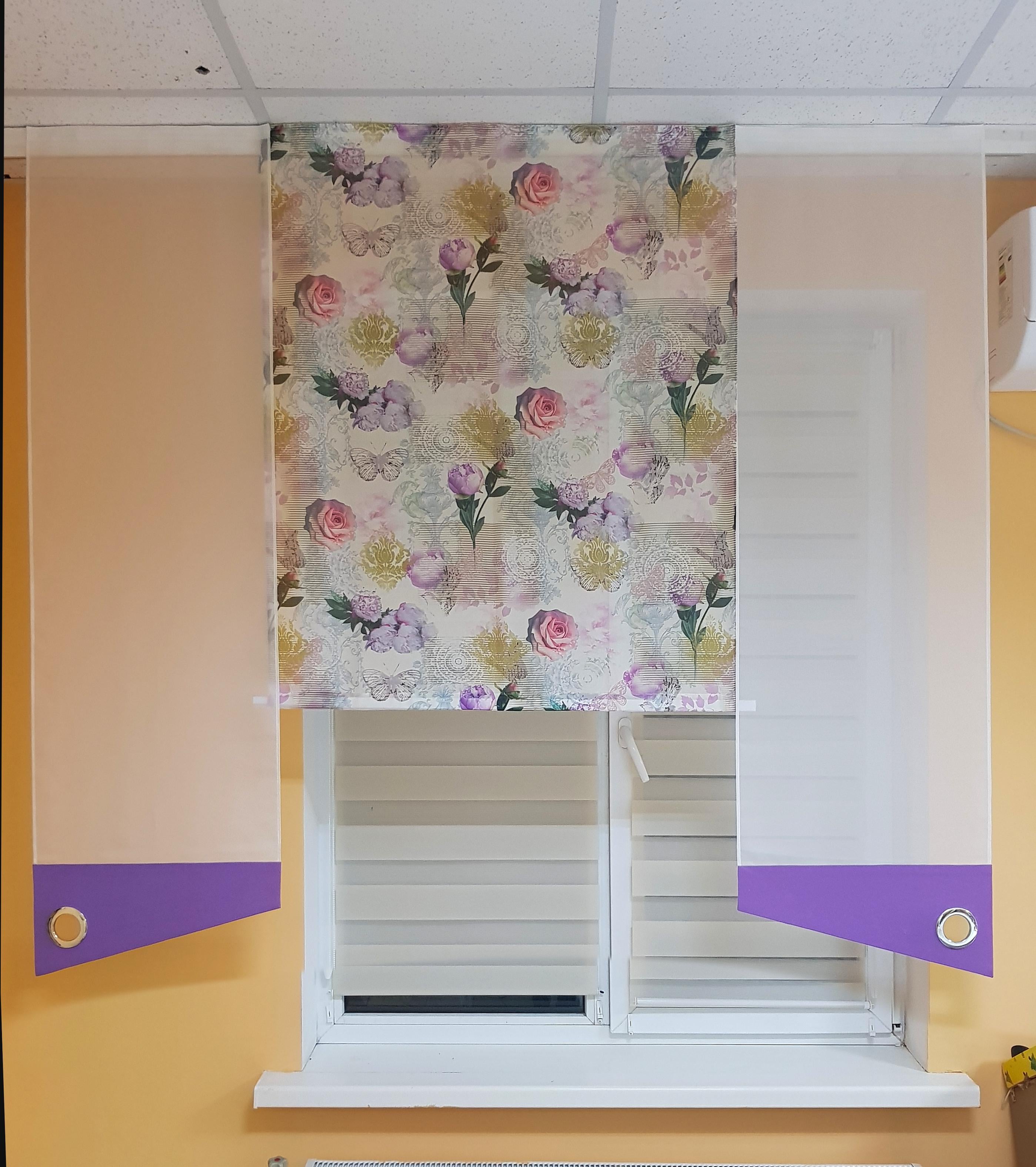 Комплект панельных занавесок Firanka Розы карниз 175 см 3 шт. Молочный с фиолетовым (14_1п)