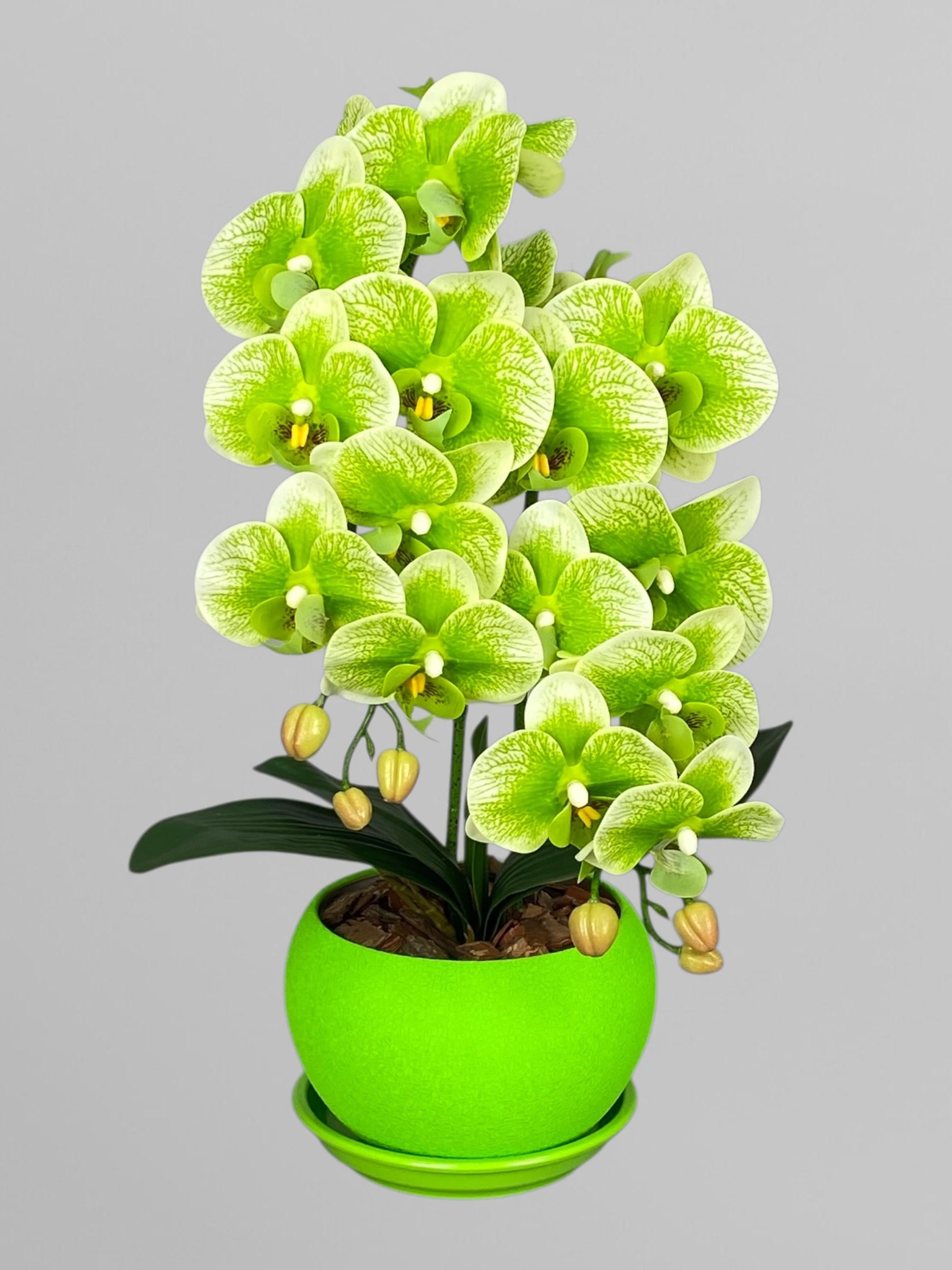 Композиция из искусственных латексных орхидей 2 веточки в керамическом кашпо 55 см Салатовый (А197)