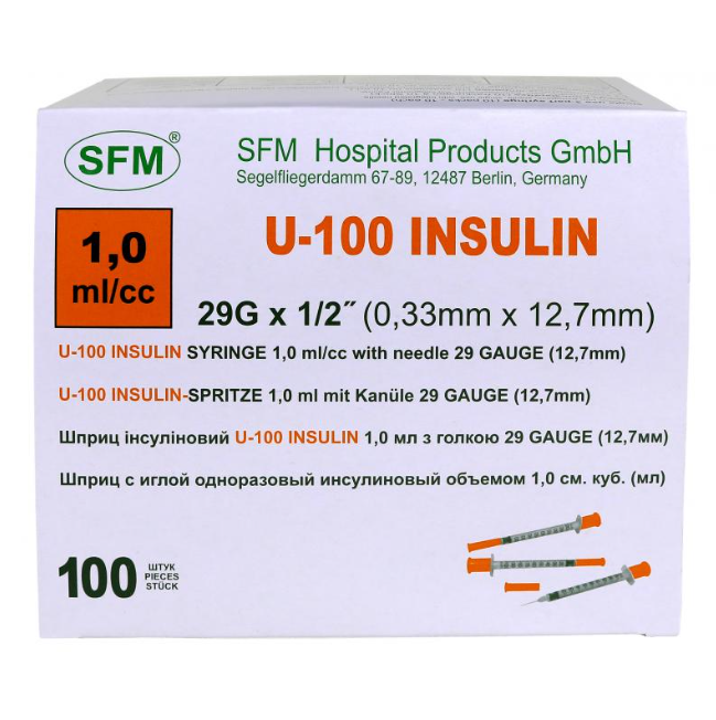 Шприц інсуліновий 1,0 мл зі шкалою U-100 з інтегрованою голкою 0,33x12,7-29G SFM 100 шт. (AN001370)