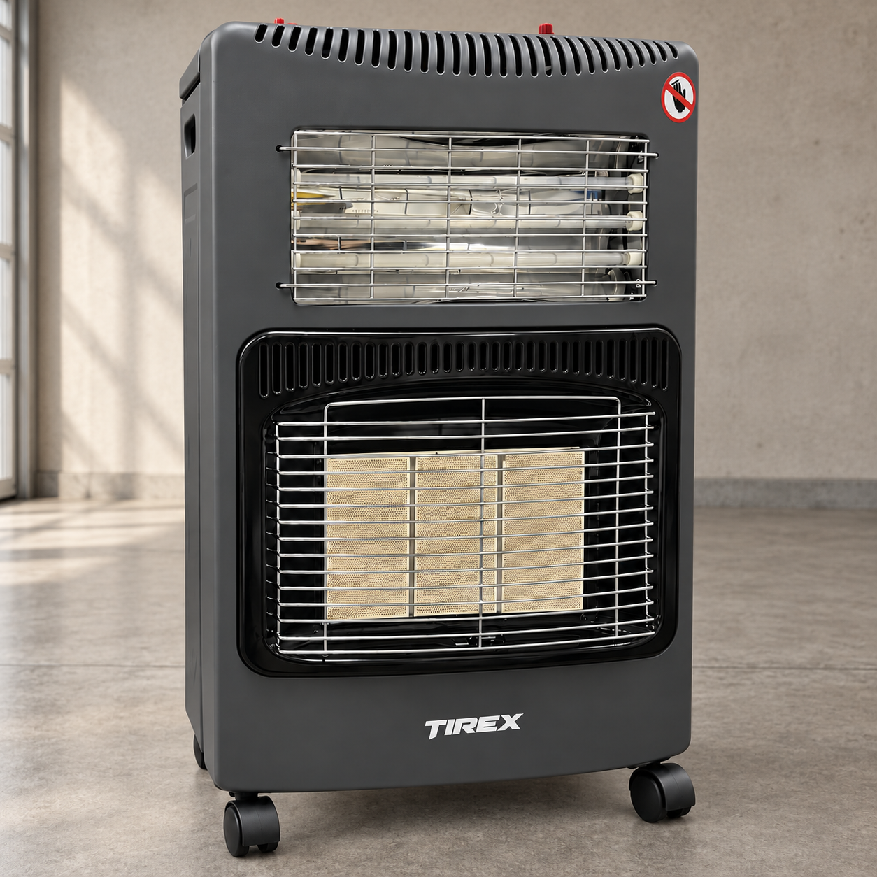 Обогреватель TIREX TRAPG180D газовый электрический 2в1 4,2 кВт/1500 Вт до 24 м2 с редуктором на колесах для дома/дачи