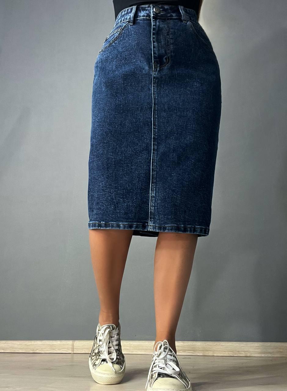 Юбка джинсовая Vanver 8251 средней длины с разрезом р. 40 Синий - фото 5