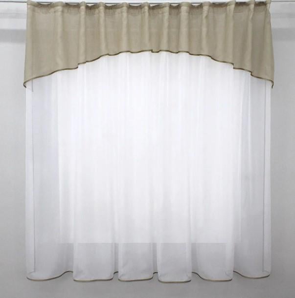 Занавеска на кухню с ламбрекеном шифон/микро-лен 290х170 см Темно-бежевый/Белый (00к 59-543)