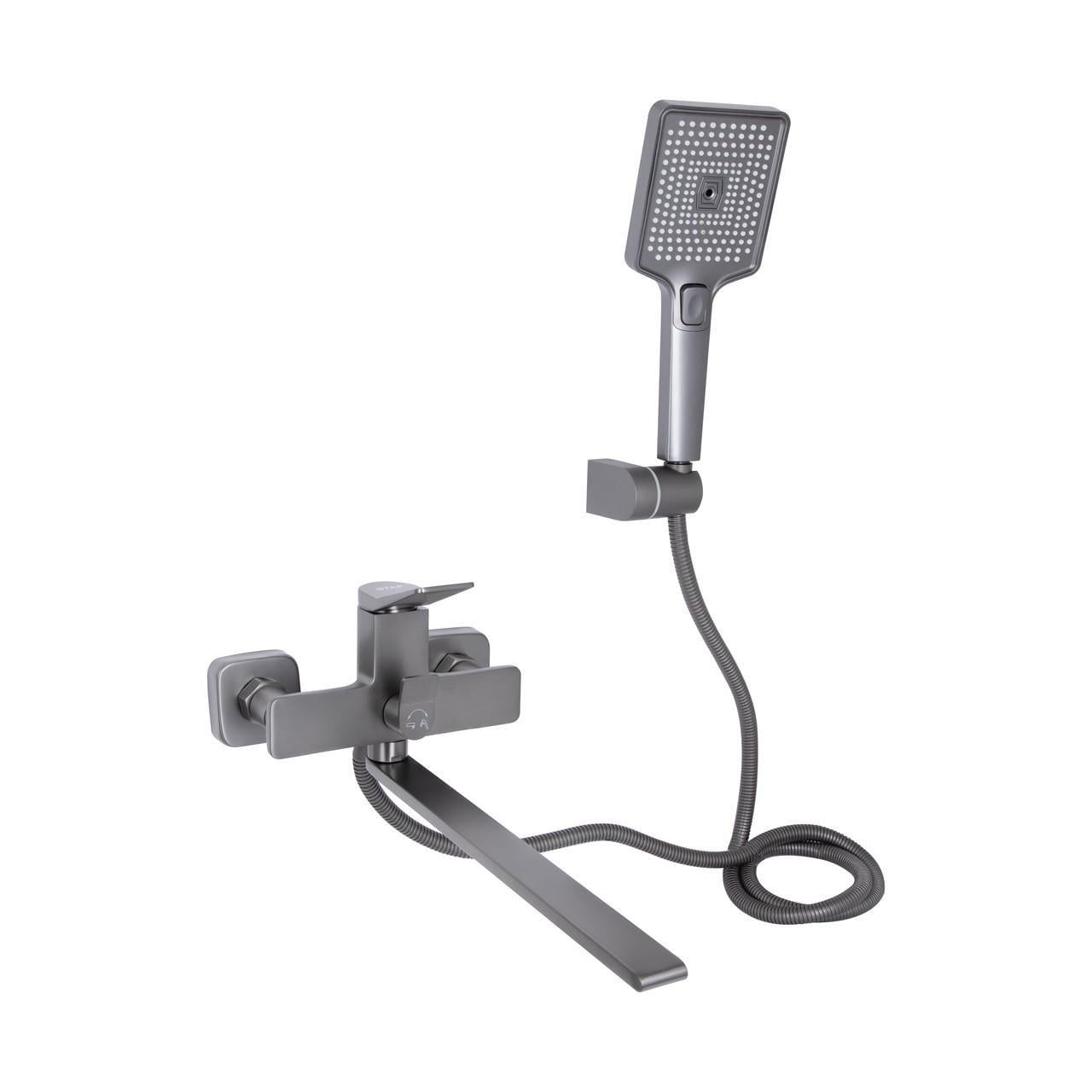 Смеситель для ванны Qtap Presto QTPRE2601GRP45583 с длинным поворотным изливом с душевым гарнитуром Graphite (2751240301)