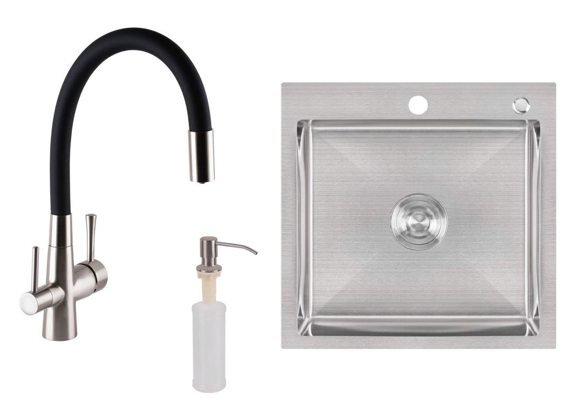 Мийка для кухні з нержавіючої сталі 50/50 Lidz з гнучким змішувачем під фільтр/осмос та дозатором Сатин Мийка для кухні з нержавіючої сталі 50/50 Lidz з гнучким змішувачем під фільтр/осмос та дозатором Сатин