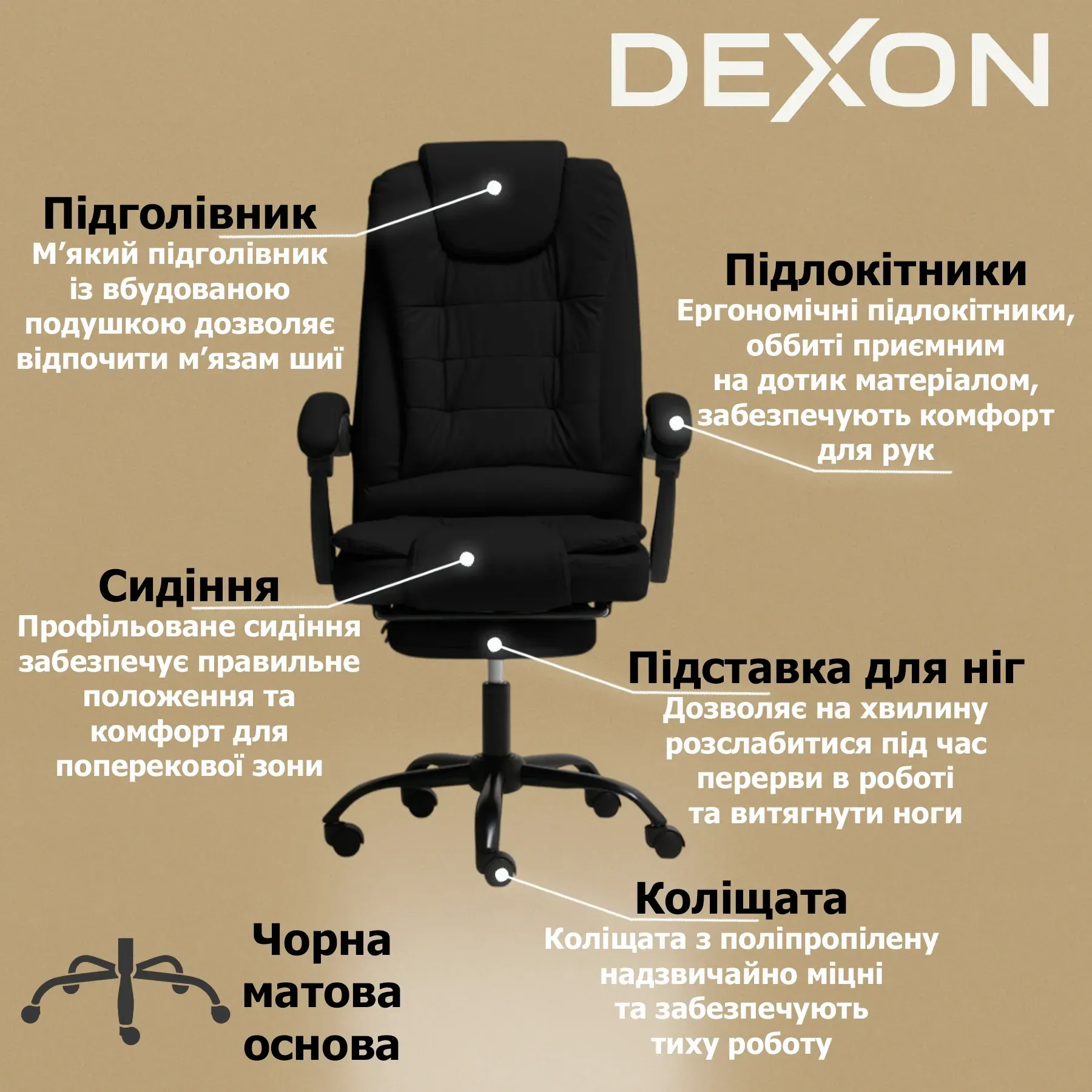 Крісло комп'ютерне DEXON OPTIMA з еко-шкіри з підставкою для ніг Чорний - фото 3