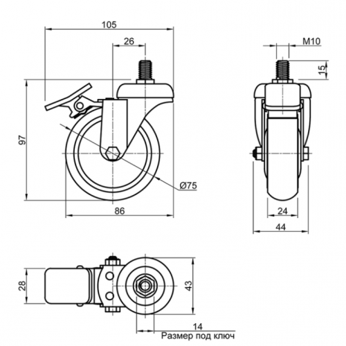 Меблевий ролик гумовий Sigma з гальмом та гвинтом М10 d 75 мм (714760) - фото 2