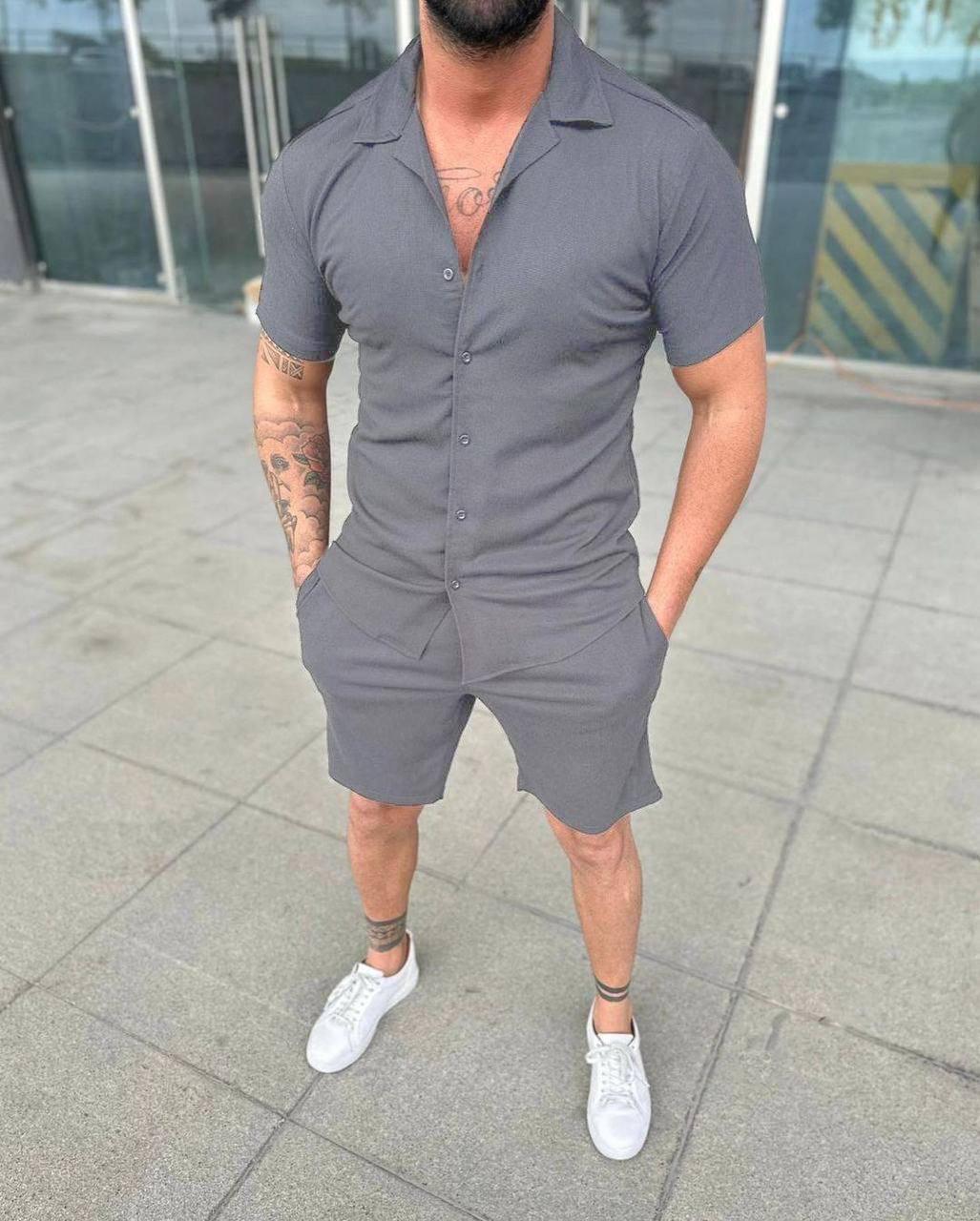 Комплект чоловічий літній лляний жатка M Графітовий (24877/1/2) - фото 1 Комплект чоловічий літній лляний жатка M Графітовий (24877/1/2) - фото 1