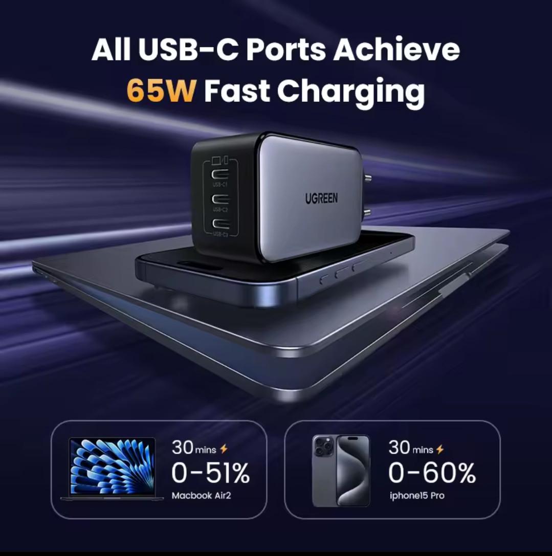 Зарядний пристрій мережевий UGREEN 65W GaN Fast Charger 3-Port Type-C (25397382) - фото 7
