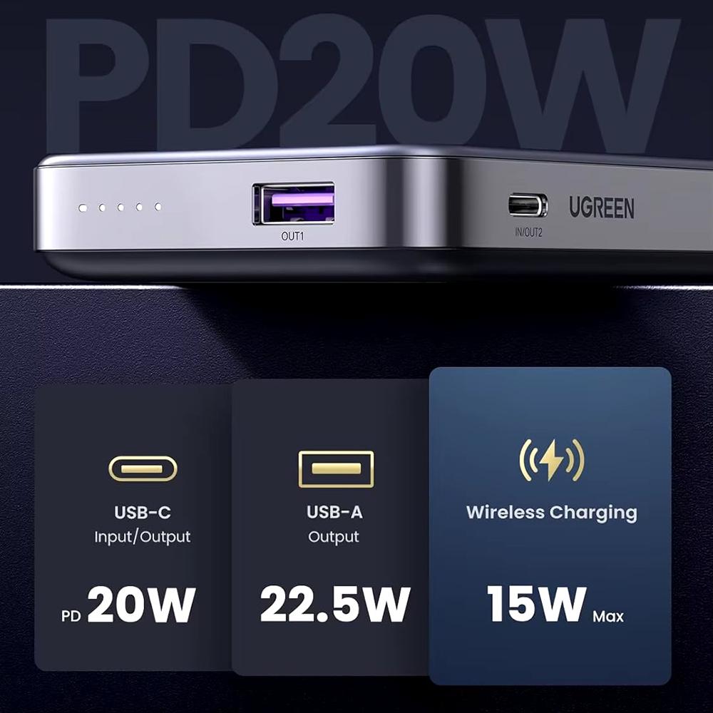 Аккумулятор внешний с MagSafe UGREEN PB206 10000mAh Magnetic Wireless With Holder Gray (15086) - фото 5 Аккумулятор внешний с MagSafe UGREEN PB206 10000mAh Magnetic Wireless With Holder Gray (15086) - фото 5