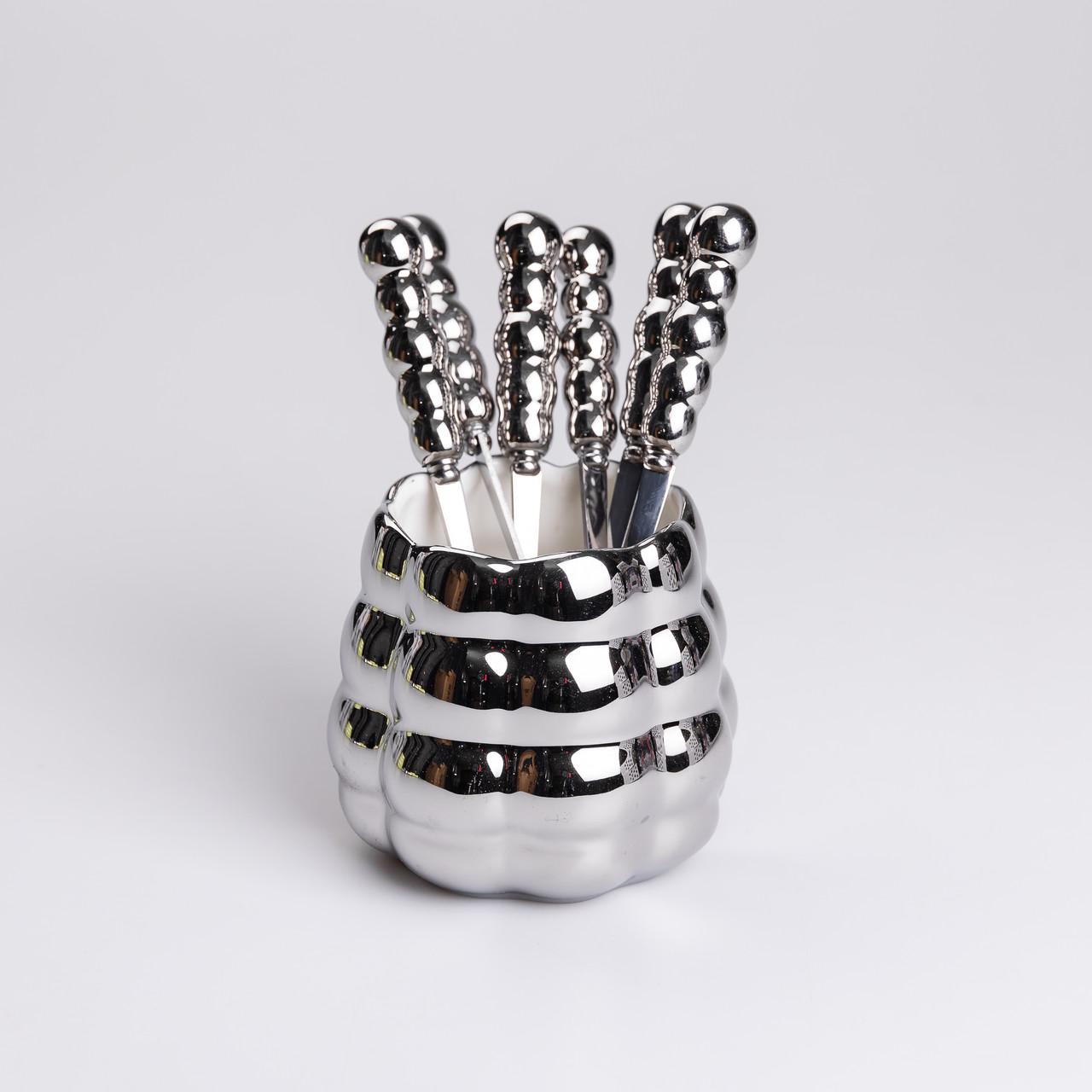 Набір десертних виделок та ложок з керамічними ручками та підставкою для 3 персон 7 приладів Сірий металік - фото 4 Набір десертних виделок та ложок з керамічними ручками та підставкою для 3 персон 7 приладів Сірий металік - фото 4