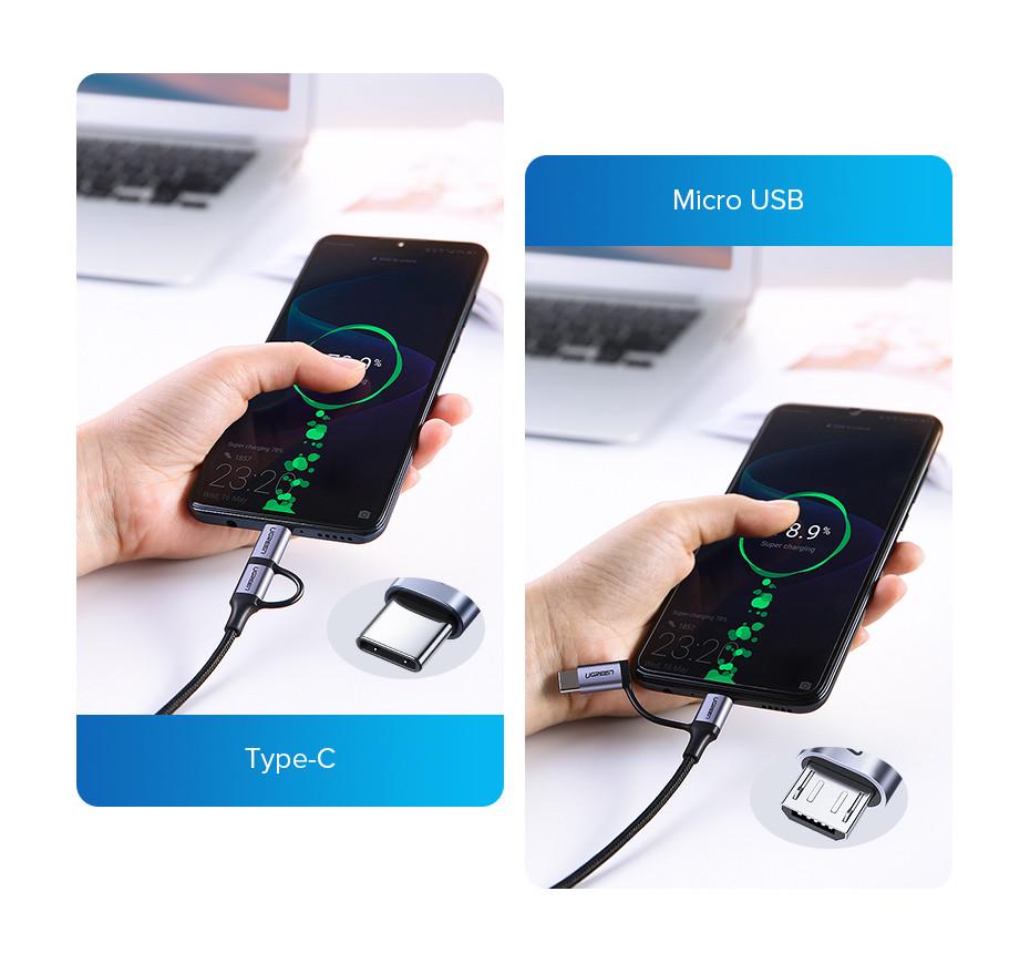 Кабель зарядный Ugreen Micro USB 2,4 A + Type-C 3 A с алюминиевым корпусом 1 м Black (US177) - фото 4