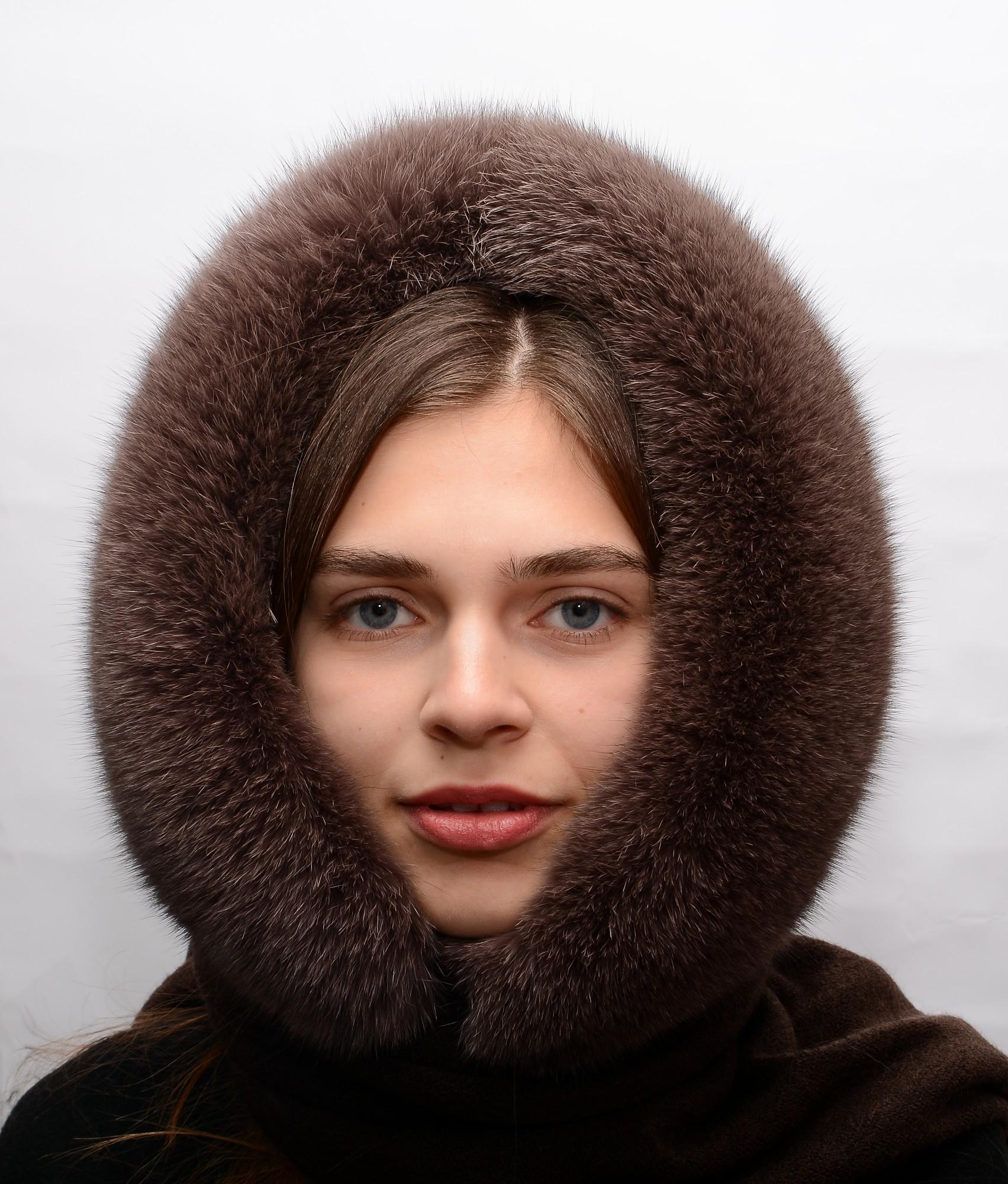 Женский капюшон Меховой стиль Елизавета из натурального меха песца и ангоры Капучино (406/C)