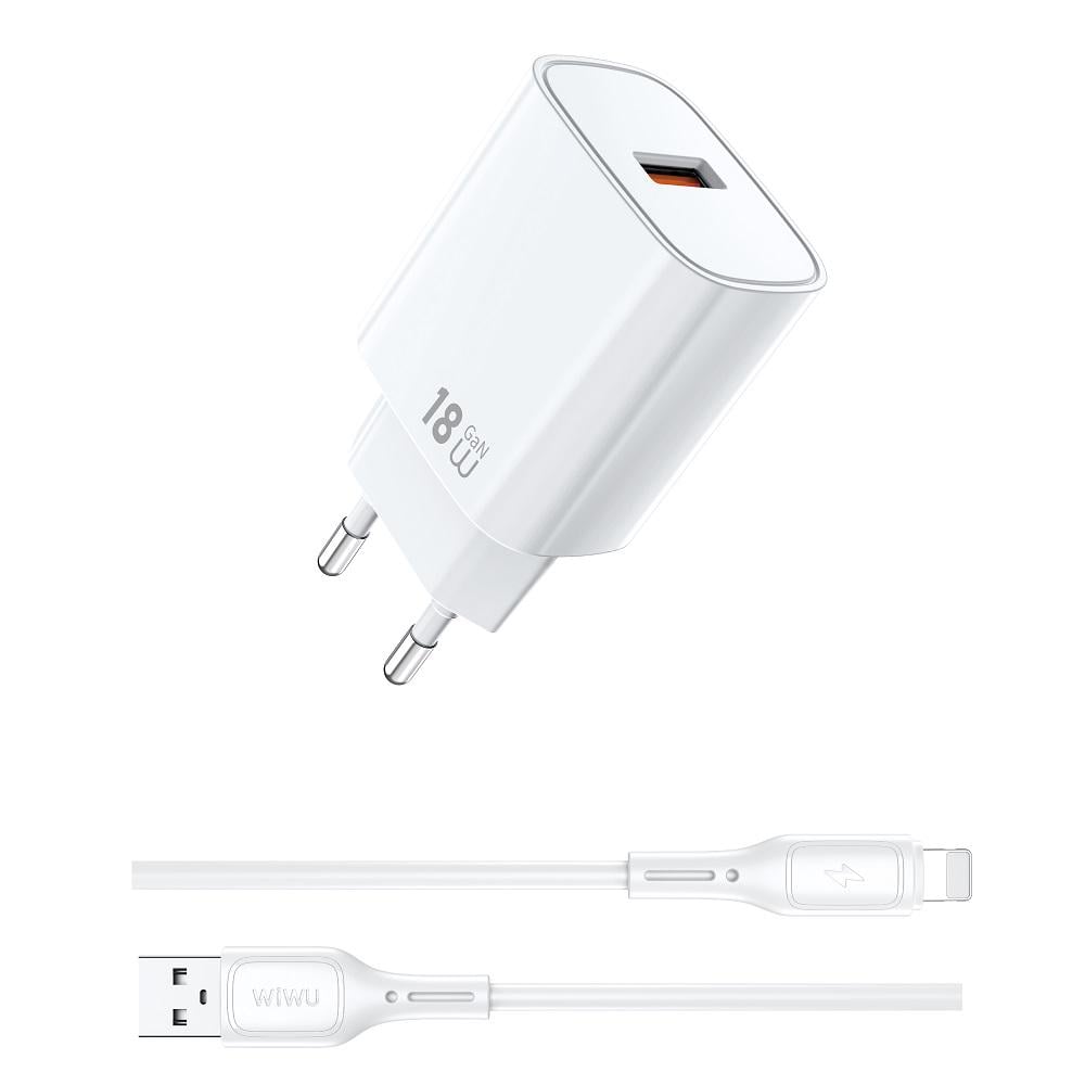 Зарядное устройство с кабелем WIWU Essen GaN Fast Charger 18W с кабелем Combo 3A Wi-G006 USB-Lightning EU White (6977703654769)