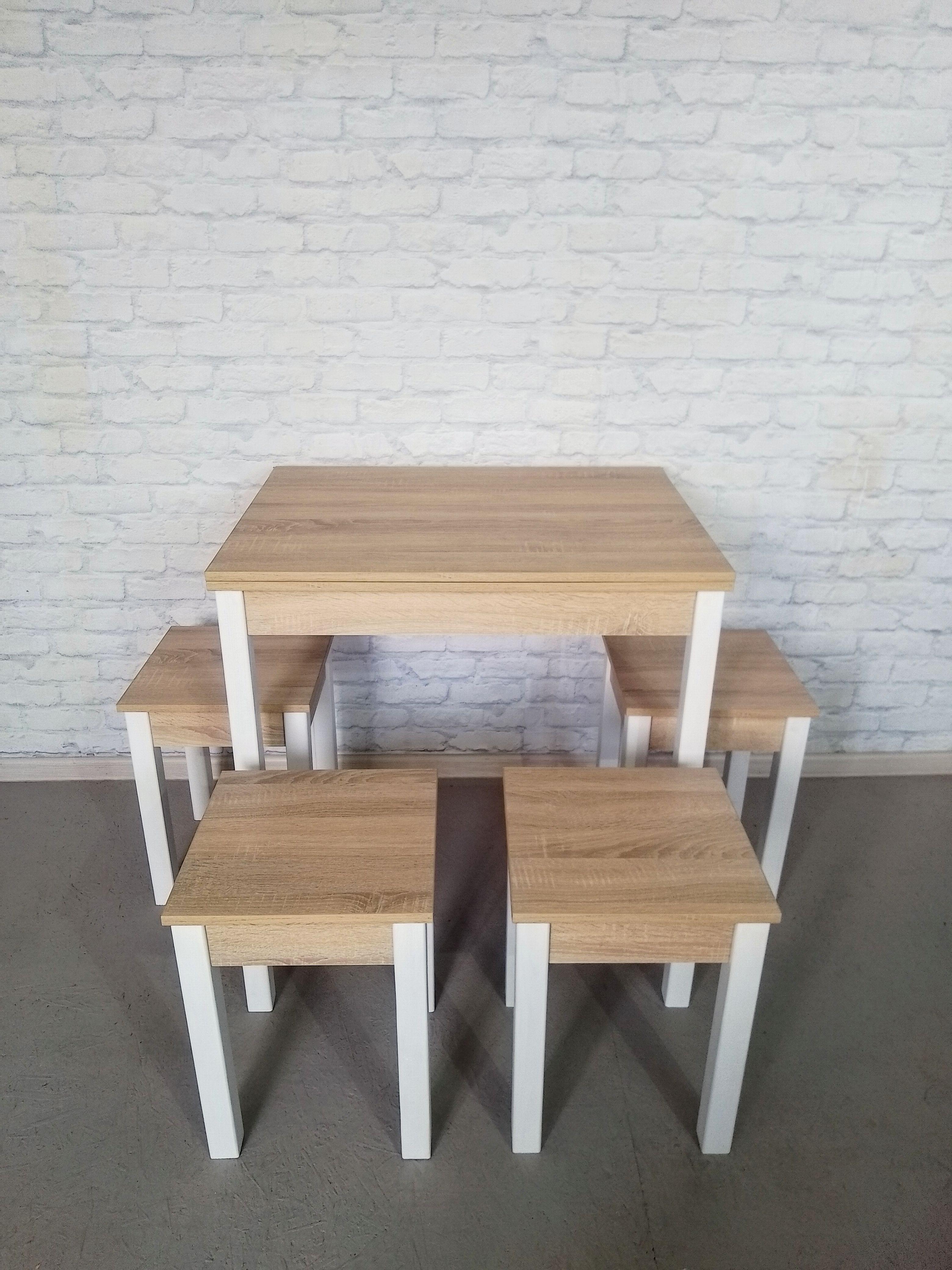 Обеденный стол раскладной и 4 табурета Вента ножки деревянные 80х60х75 см/34х34х45 см Дуб сонома/Белый (0020) - фото 2 Обеденный стол раскладной и 4 табурета Вента ножки деревянные 80х60х75 см/34х34х45 см Дуб сонома/Белый (0020) - фото 2