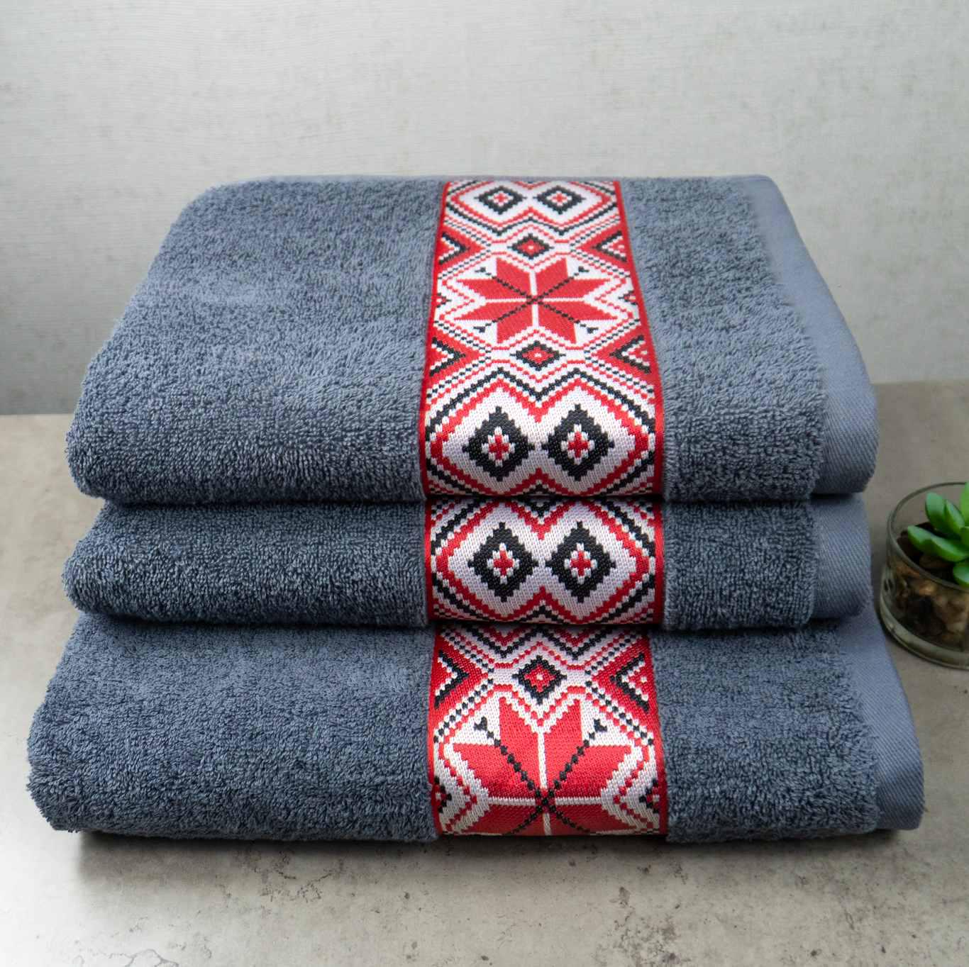 Комплект махрових рушників GM Textile Ukrainian style з вишивкою 450 г/м2 3 шт. Сірий (450-k-Ukr-grey)