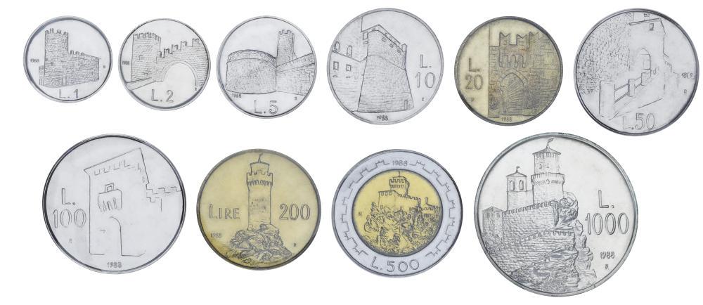 Набор коллекционных монет Сан-Марино 10 шт. 1988 UNC 1/2/5/10/20/50/100/200/500/1000 лир из серебра (М23374)