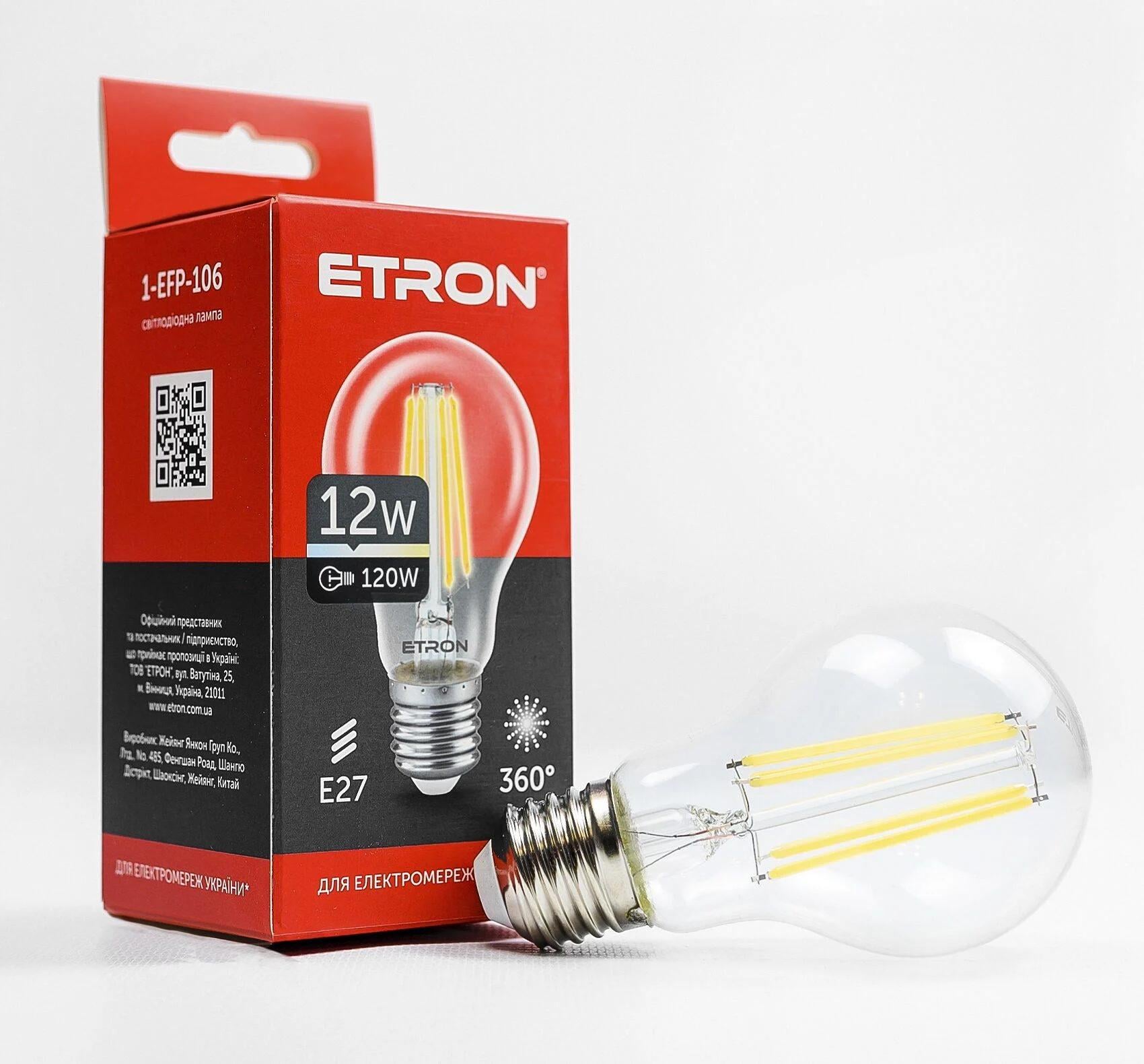 LED-лампа філаментна ETRON прозора 12W A60 E27 4200K Нейтральний білий (1-EFP-106)