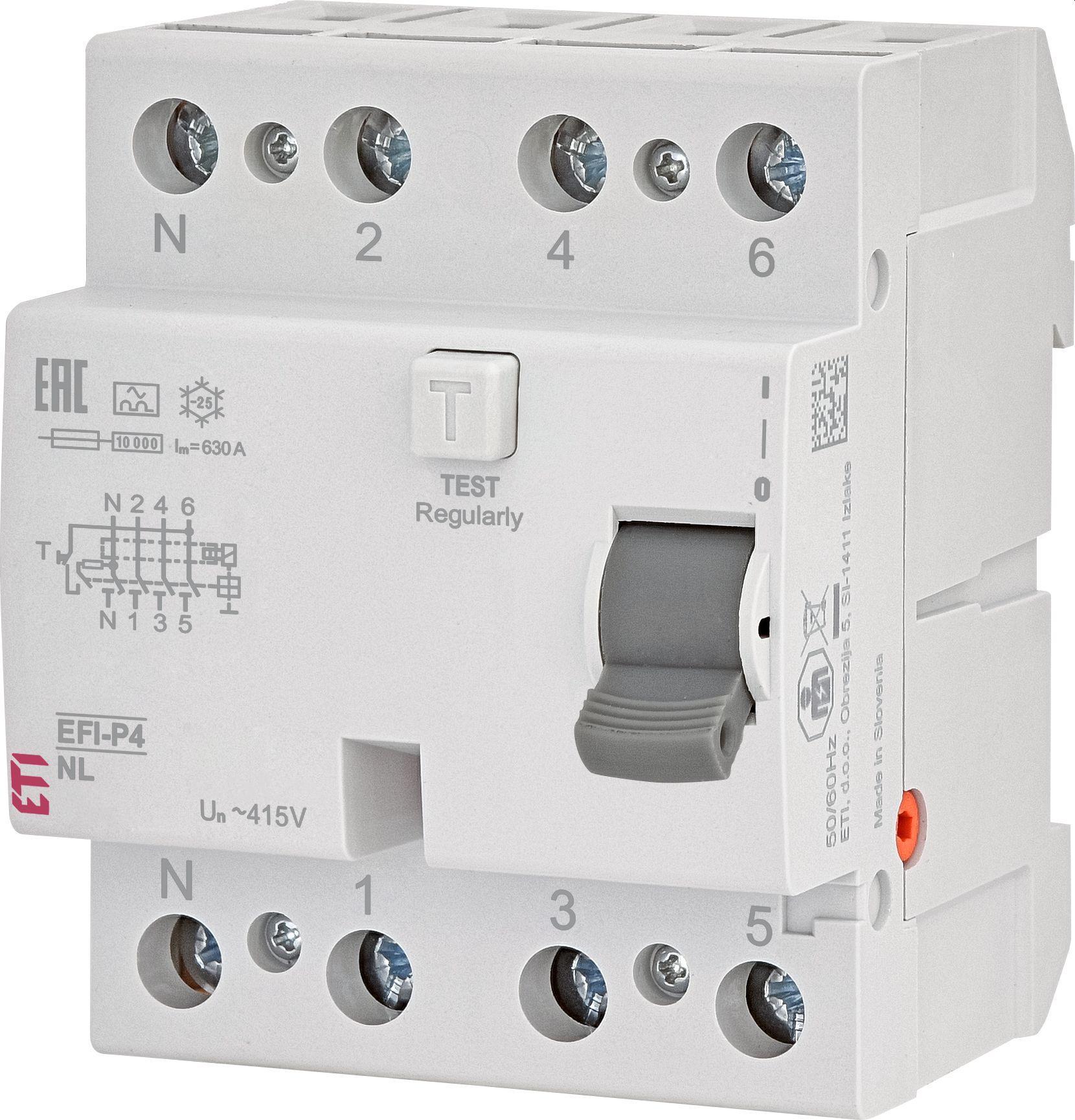 Устройство защитного отключения ETI EFI-P4 NL 3P+N 63А 30мА тип А полюс N слева (2061813)