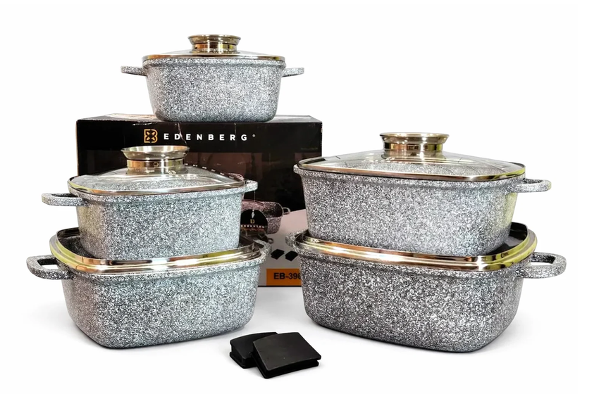 Набір квадратних казанів Edenberg Aroma Knob литий алюміній гранітне покриття 2,8/3,7/4,4/5,5/6,5 л 10 пр. Світло-сірий (EB-3987)