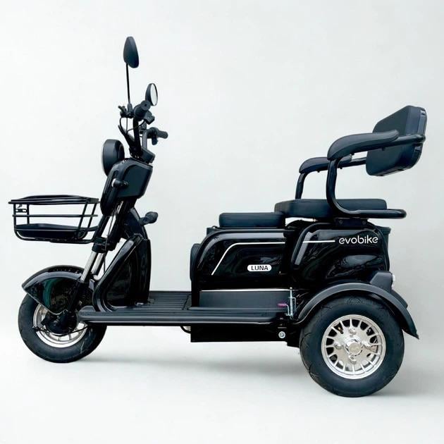 Електроскутер триколісний EVOBIKE Luna TRIO PRO 1200W 60V 20Ah 2026 зі знімним графеновим акумулятором та пасажирським сидінням Чорний