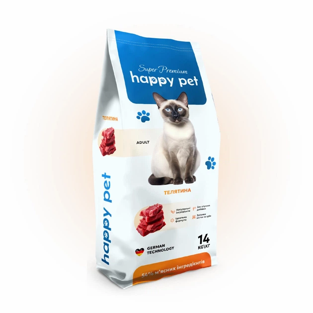 Корм сухой Happy Pet 14 кг для взрослых котов с телятиной