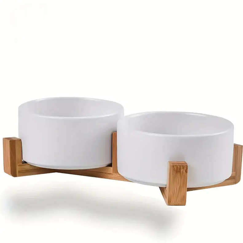 Миска двойная керамическая для собак и котов на подставке 2х400 мл Белый - фото 1