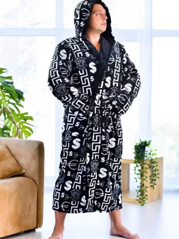 Халат махровый мужской банный 4XL Черно-белый (Д-am-m-halat-009-04)