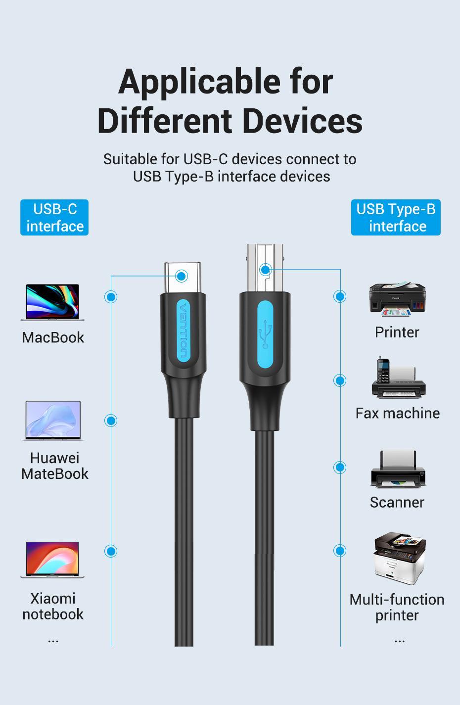 Кабель для принтера Vention Type-C-USB Type-B 2.0 5V/2A 480 Мбіт/с USB-C на USB-B 1 м Чорний (CQUBF) - фото 3