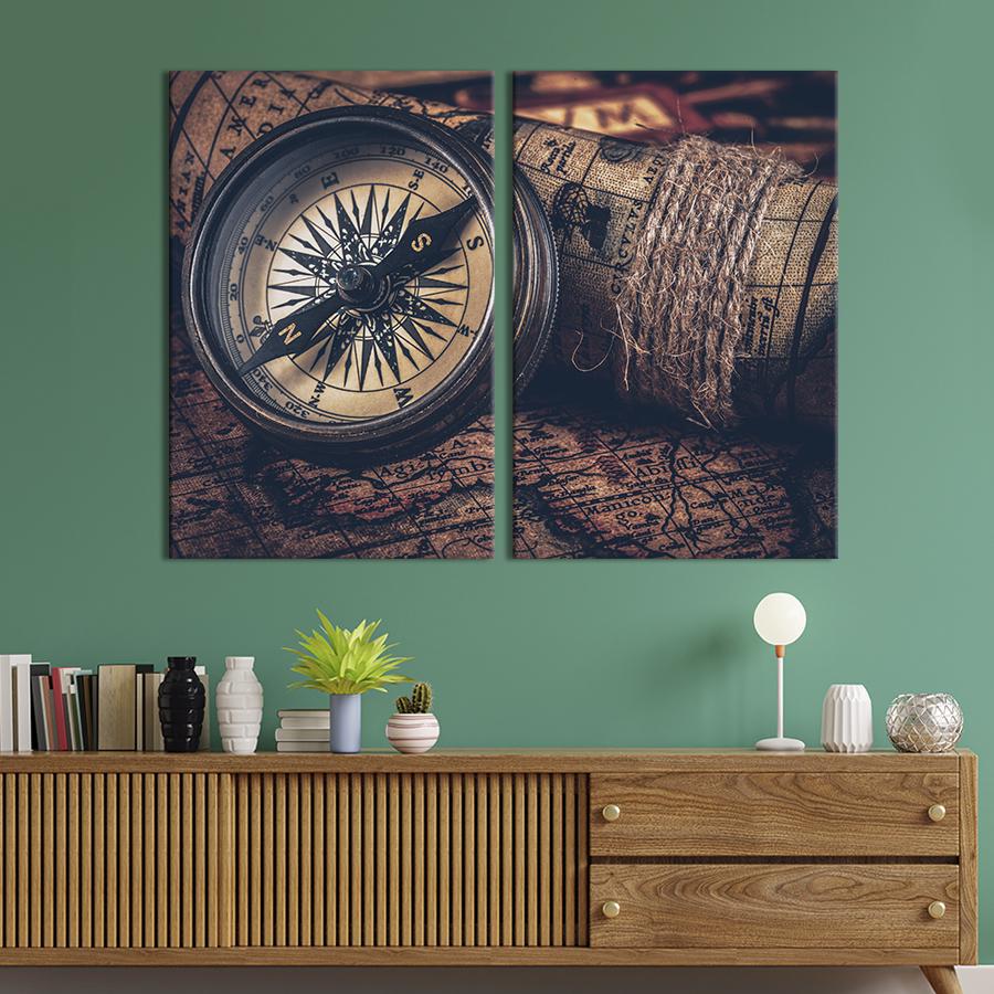 Настенный декор диптих картина на холсте для интерьера Винтажный компас и карта 71x51 см (529-2)