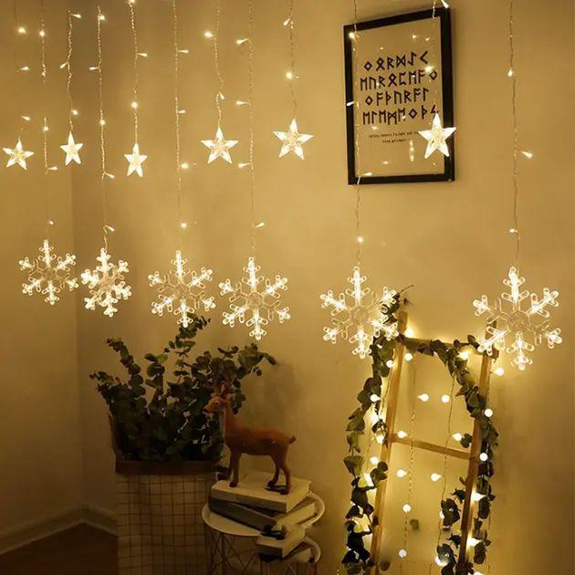 Гірлянда Сніжинки і Зірки 8 режимів світіння 138 лампочок 8,5 Вт 220 В IP 44 з тепло-білим світінням (opt-102747) - фото 3 Гірлянда Сніжинки і Зірки 8 режимів світіння 138 лампочок 8,5 Вт 220 В IP 44 з тепло-білим світінням (opt-102747) - фото 3