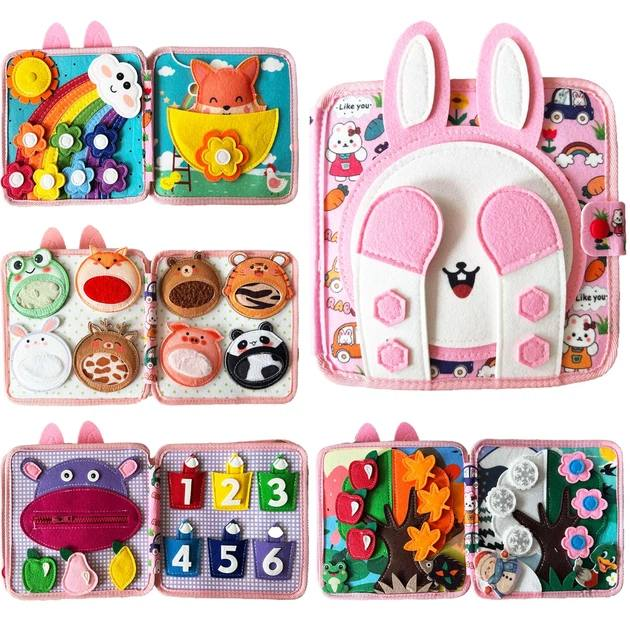 Книжка-бизиборд мягкая на липучках Fun Game C 74034 фетр/пальчиковые игры/цифры/сортер по цветам/пискавка/элементы на липучках Зайчонок (2852318906)