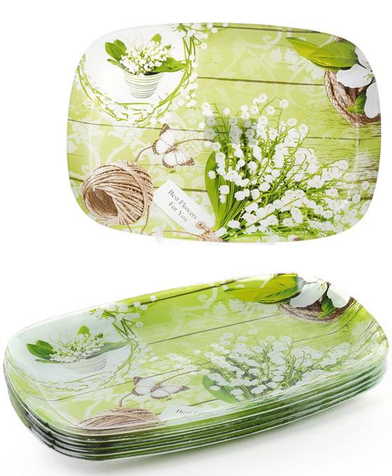 Набор стеклянных тарелок Ландыши 30х21 см прямоугольные 6 шт. (BD-809-258)