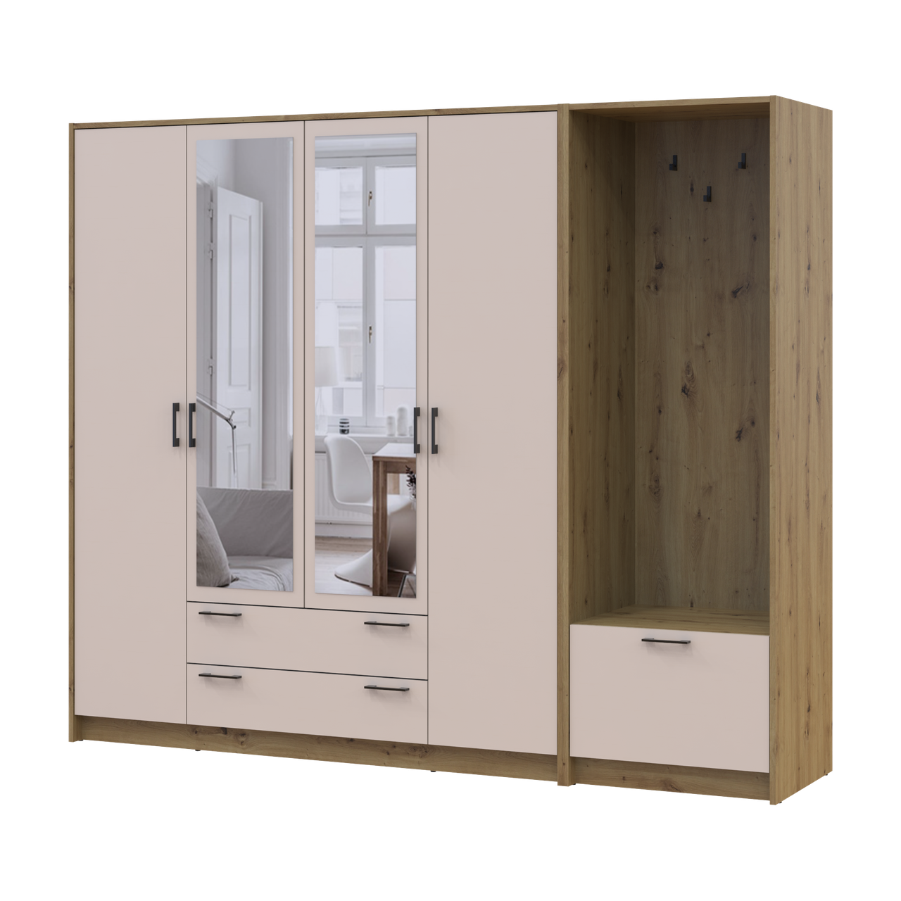 Шафа для одягу Doros Ронді з вішалкою та дзеркалом 4 ДСП 220х52х195 см Дуб Артізан/Кашемір (42005294) Шафа для одягу Doros Ронді з вішалкою та дзеркалом 4 ДСП 220х52х195 см Дуб Артізан/Кашемір (42005294)