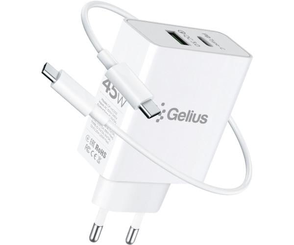 Пристрій зарядний мережевий Gelius X-Duo Pro GP-HC053 Type-C PD 45W USB QC 3.0 White