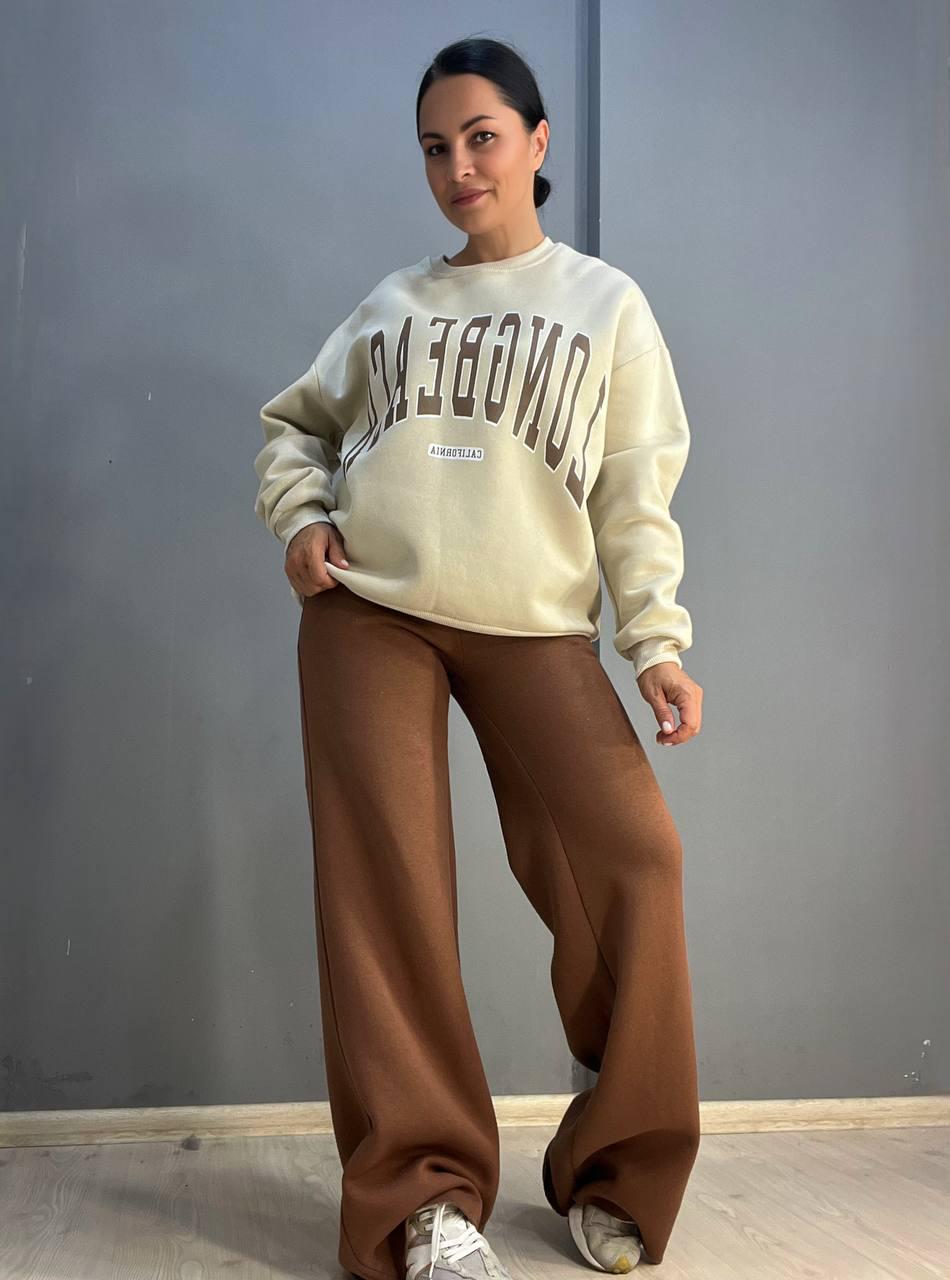 Костюм женский QUZEN 388-488 свитшот брюки палаццо широкие на флисе M Темно-бежевый (2817) - фото 1 Костюм женский QUZEN 388-488 свитшот брюки палаццо широкие на флисе M Темно-бежевый (2817) - фото 1