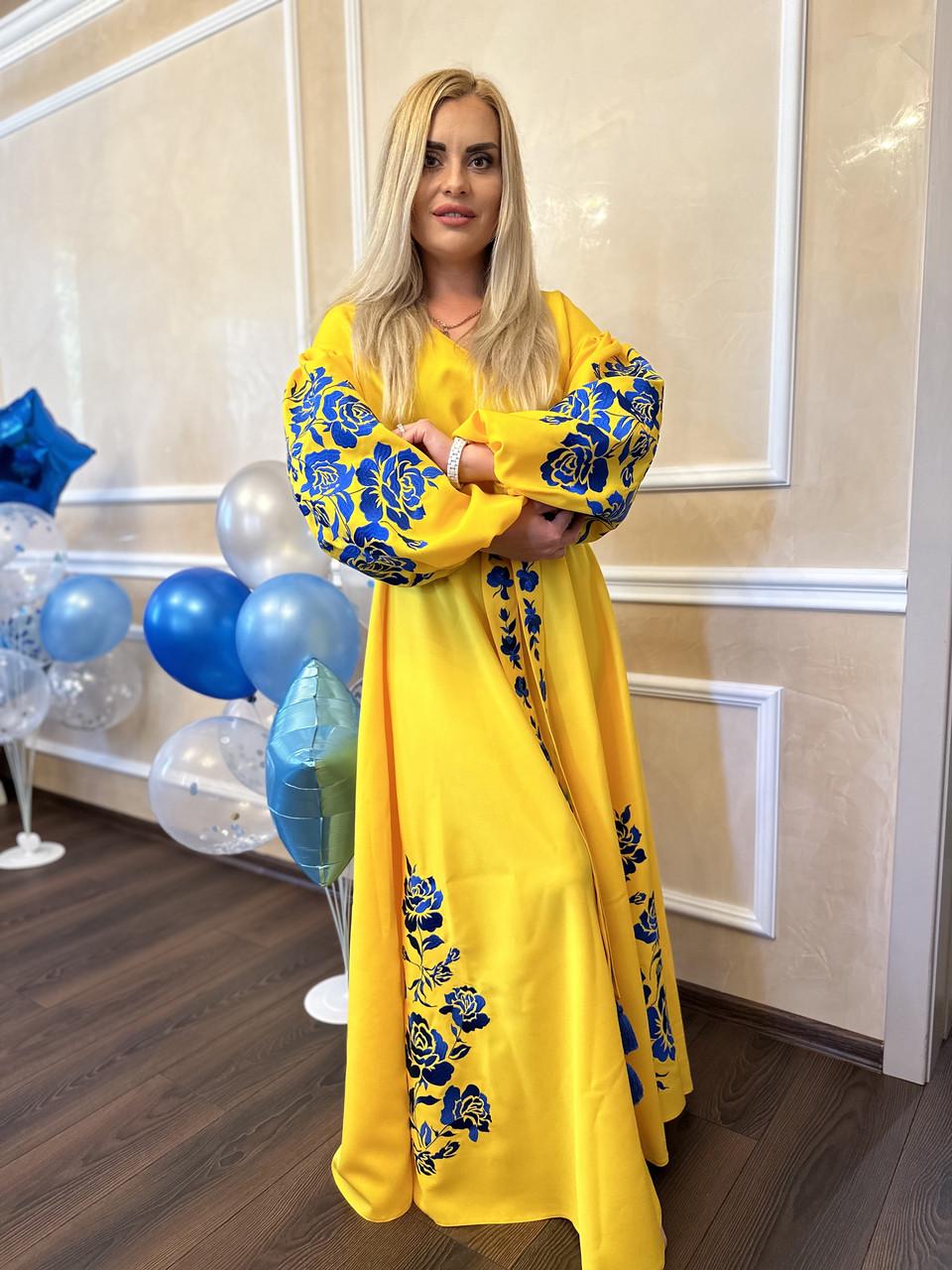 Сукня вишита жіноча З трояндами М Жовтий/Синій (1868378215)