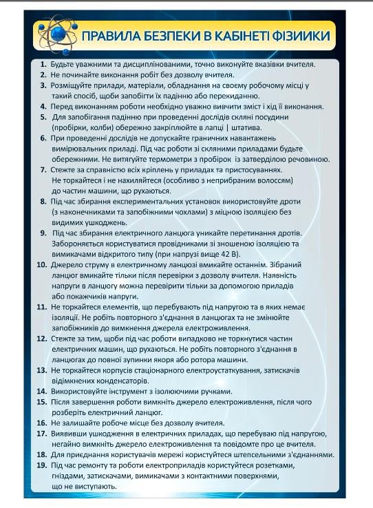 Стенд для школы в кабинет физики "Правила Безпеки" 660x1000 мм (FZ0003) Стенд для школы в кабинет физики "Правила Безпеки" 660x1000 мм (FZ0003)