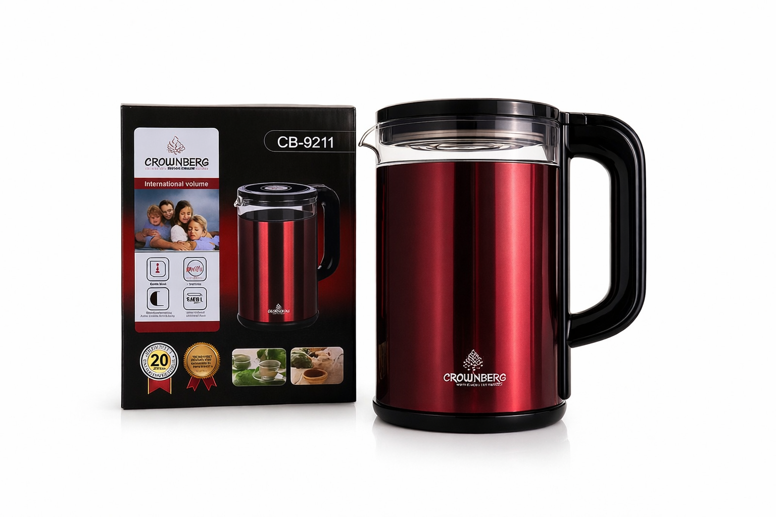 Электрочайник Crownberg CB-9211 стекло и металл/скрытый диск/360° 2 л 2200W Красный (32551219)