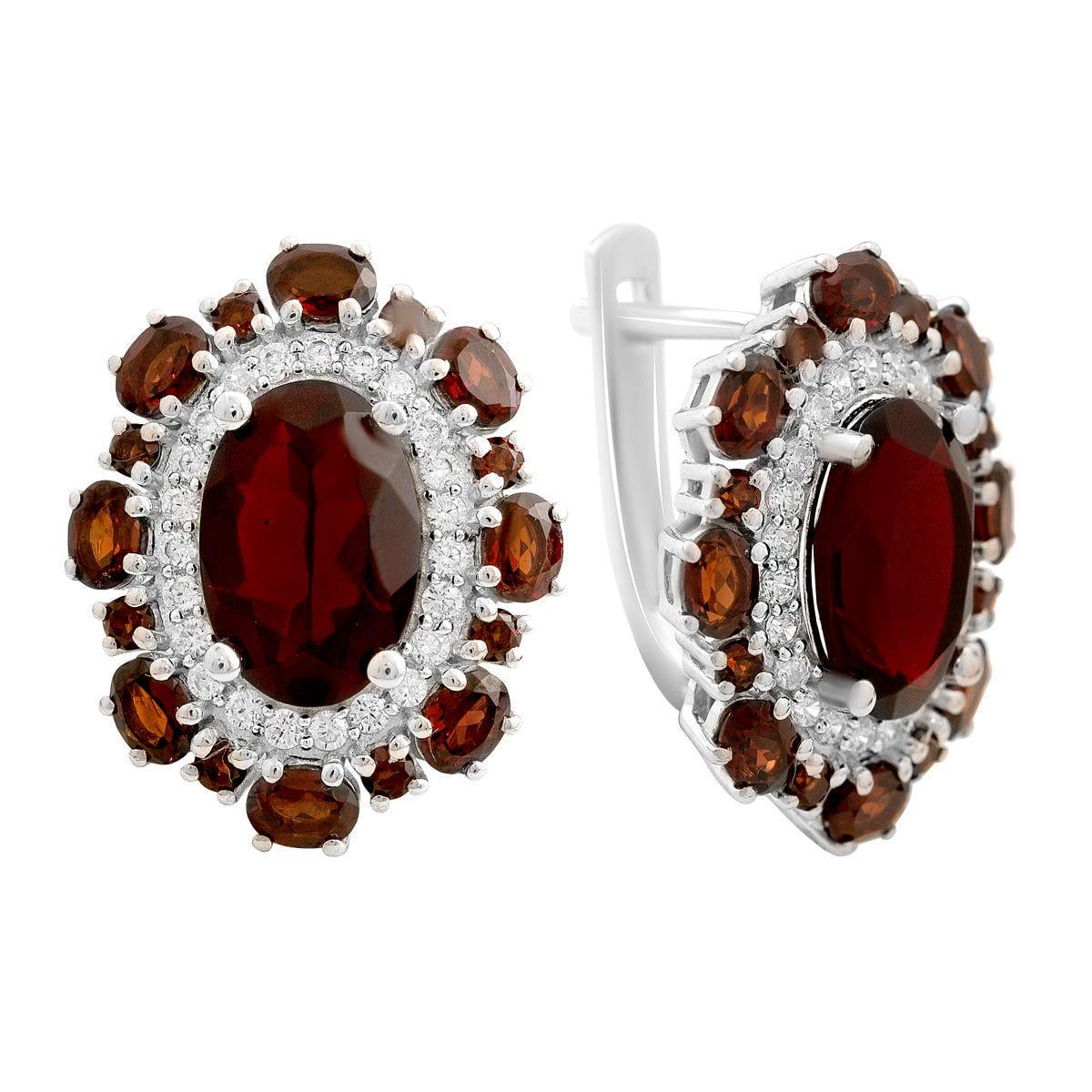 Серьги серебряные LoveR с овальным nano гранатом и россыпью фианитов с английским замком