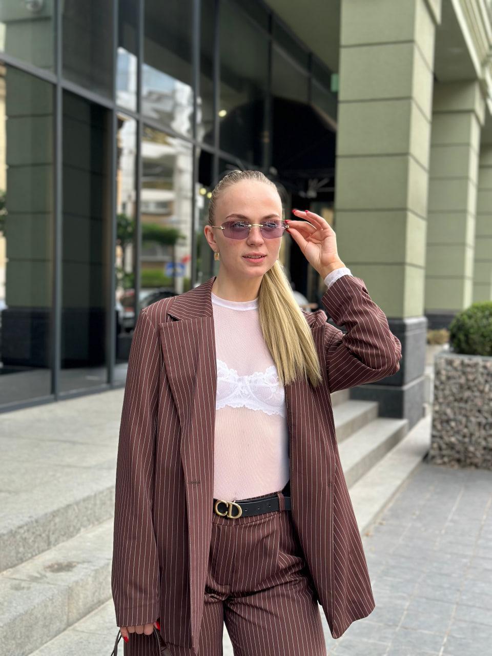 Костюм женский в полосочку пиджак/брюки S Шоколадный (2628190769) - фото 4