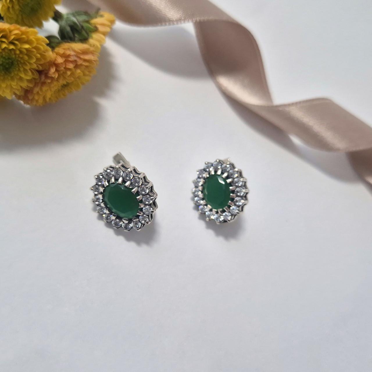 Сережки овал із великим зеленим каменем імітація хризопраз чорнене срібло 925 проби 5,10 г (2885) - фото 2