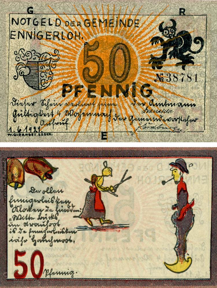 Коллекционная банкнота Германия Нотгельд 50 пфеннигов 1921 F-VF Эннигерло Разновидность 2 (Б18807) Коллекционная банкнота Германия Нотгельд 50 пфеннигов 1921 F-VF Эннигерло Разновидность 2 (Б18807)