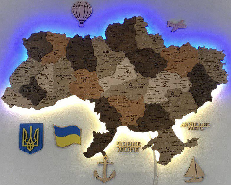 Карта України багатошарова з підсвічуванням дерева 150x100 см