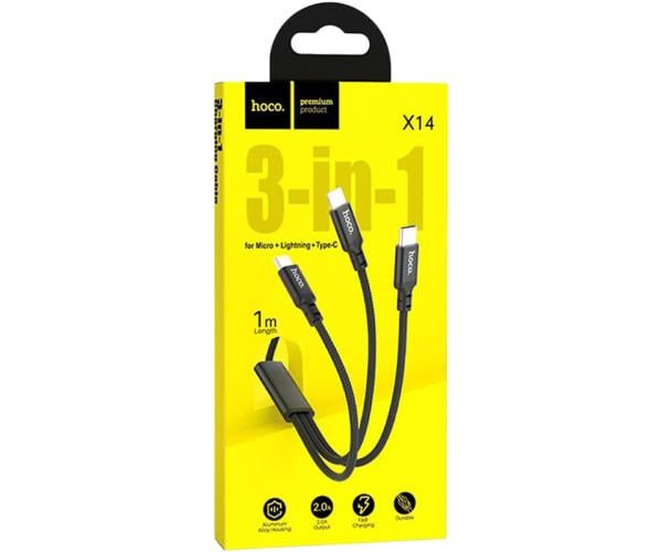 Кабель USB Hoco X14 3в1 Lightning/Micro/Type-C 1 м Black - фото 4