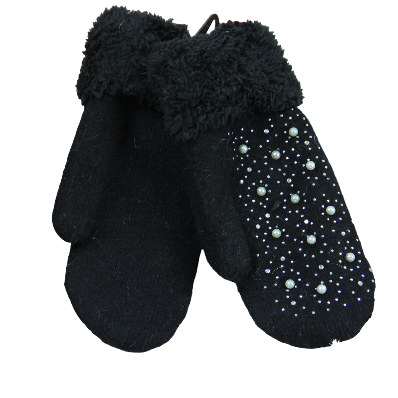 Перчатки женские шерстяные на меху с отворотом и бусинами М-L Черный (33934)