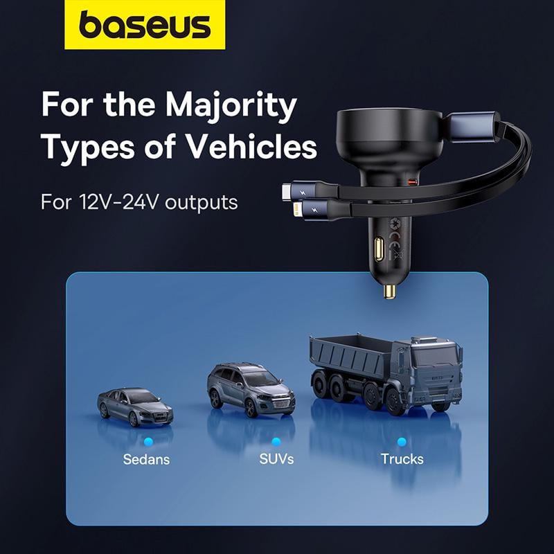 Зарядное устройство автомобильное BASEUS Enjoyment Pro Car Charger C+Retractable C&iP Cable 60W Cluster Black (C00057802111-00) - фото 11 Зарядное устройство автомобильное BASEUS Enjoyment Pro Car Charger C+Retractable C&iP Cable 60W Cluster Black (C00057802111-00) - фото 11